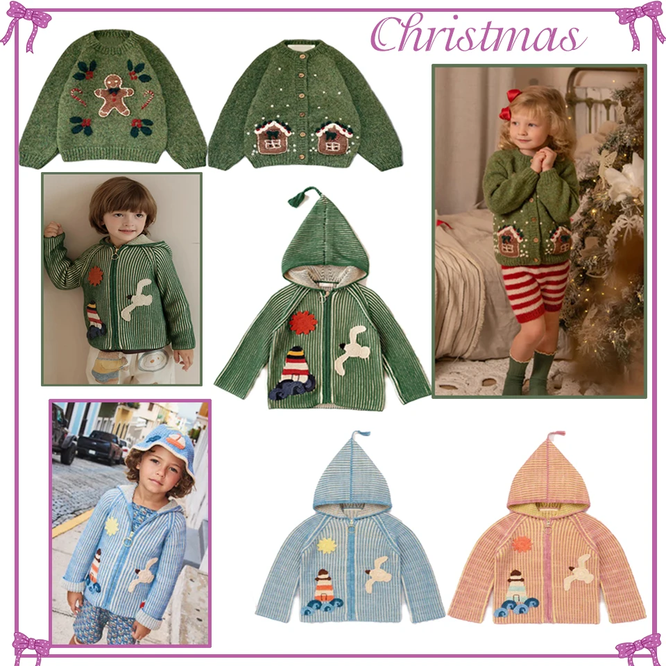 2026 Christmas Kids Sweater Knitwear Cardigan Baby Boys Cotton Coats Toddler Girls Holiday Daily Stretchy Autumn Winter
