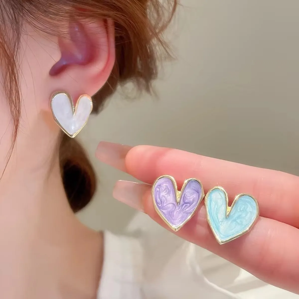 Pendientes de Botón con Forma de Corazón en Color Blanco, Azul y Morado para Mujer, Estilo Coreano, Esmalte, Estética, Uso Diario, Brincos Minimalistas