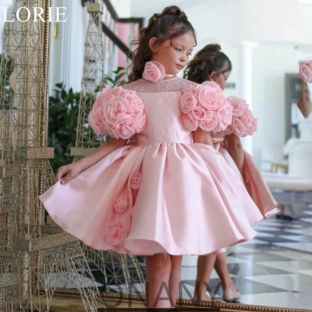 LORIE Cute Pink Flower Girl Dresses A-Line Lace O-Neck Pleated Flowers Bow Wedding Party Dress Fairy Birthday Dress Customized