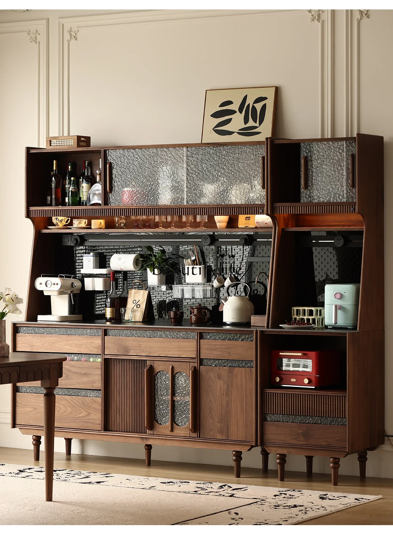 

LJY*French retro North American black walnut dining side cabinet integrated against the wall Solid wood storage Tea cabinet stor