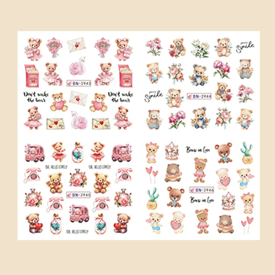 12 قطعة من ملصقات نقل المياه لفن الأظافر لعيد الحب - زهرة الدب الكرتونية اللطيفة وتصميم الحب الرومانسي لشارات نقل المياه
