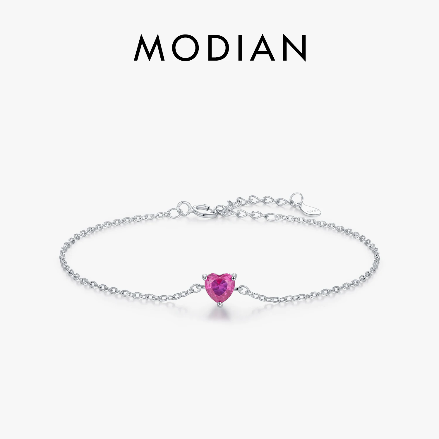 MODIAN 925 Sterling Silver romantyczna róża czerwona cyrkonia bransoletka w kształcie serca elegancki prosty łańcuszek dla kobiet piękna biżuteria na prezenty