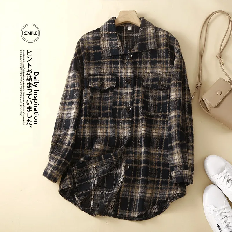 Women's Plaid Woolen irt Jaet Thi Long Sve Autumn Winter Faion plus Size Versatile Outerwear Korean Sle