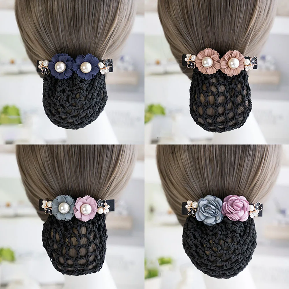 

New Flower Mesh Barrettes Crochet Bow Bun Net Snood Gift For Mom Hair Clip For Office Dance Nurses Hair Accessorie Lady Women