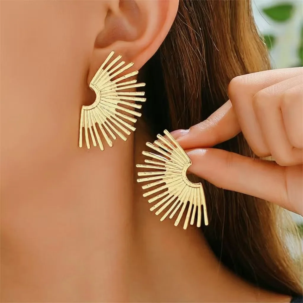 Stainless Steel Geometric Texture Coral Water Drop Leaf Fan Shape Earrings Women's Earrings Versatile Jewelry