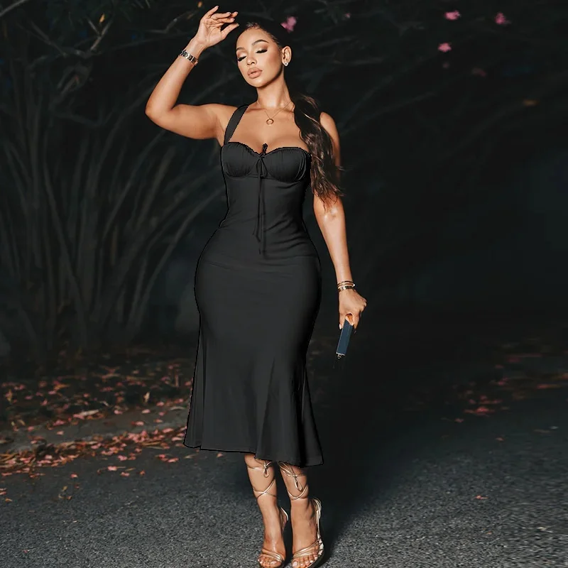 

Elegant Spaghetti Strap Bodycon Maxi Dress For Women, Sleeveless Solid Color Fishtail Long Dress Sexy Slim Party Clubwear Outfit