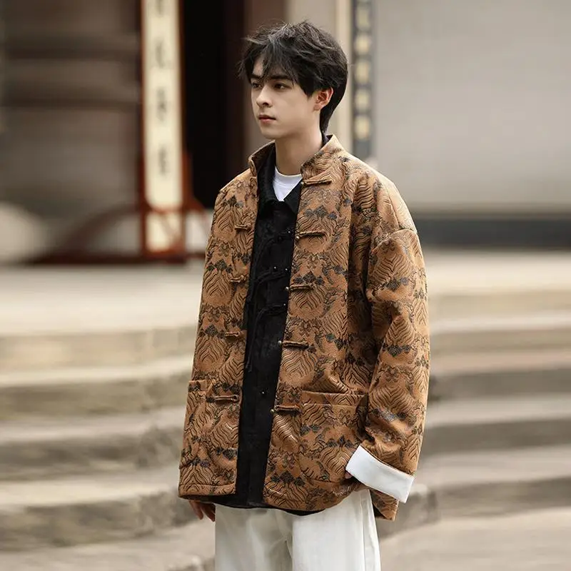

New Chinese Sle Thiened Retro Men's Jaet Gold Stamp Printing Copper Button Design Breathable Spring Autumn Winter Coat