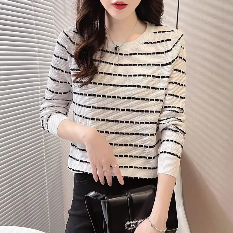 Spring Autumn Women\'s Clothing Long Sleeve Round Neck Pullover Striped Sweater Knitted Casual Screw Thread Office Lady Tops