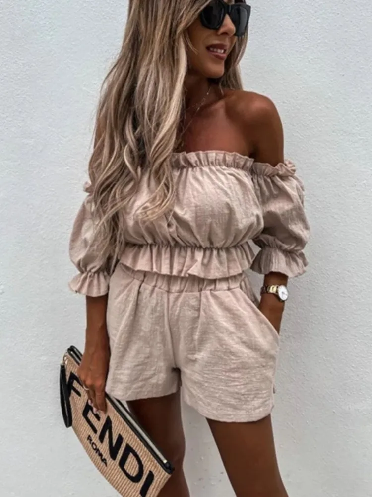 Summer Fashion Sexy Women\'s Two Piece Set Suit Strapless Puff Sleeve Solid Super-short Top Set Party 2 Piece Set For Women 2024