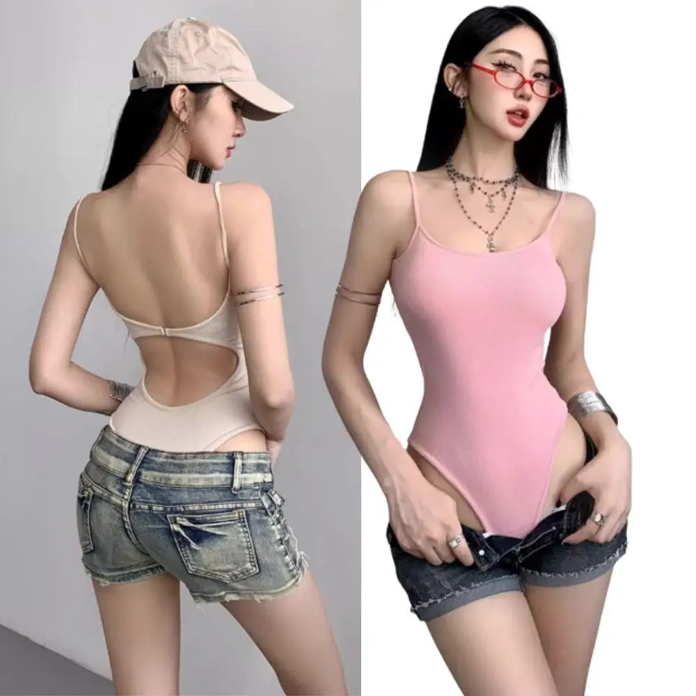

Slim Sleeveless Tops For Women Bodysuit Summer Sexy Shoulder Halter Tops Casual Streetwear Solid Jumpsuits Open-Back Tank Top