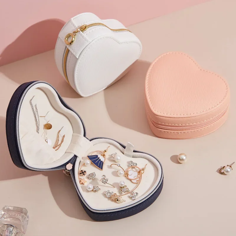 Heart-shaped Zipper PU Leather Earring Organizer Ring Jewelry Storage Box Earrings Necklace Bracelet Box Шкатулка Для Украшений