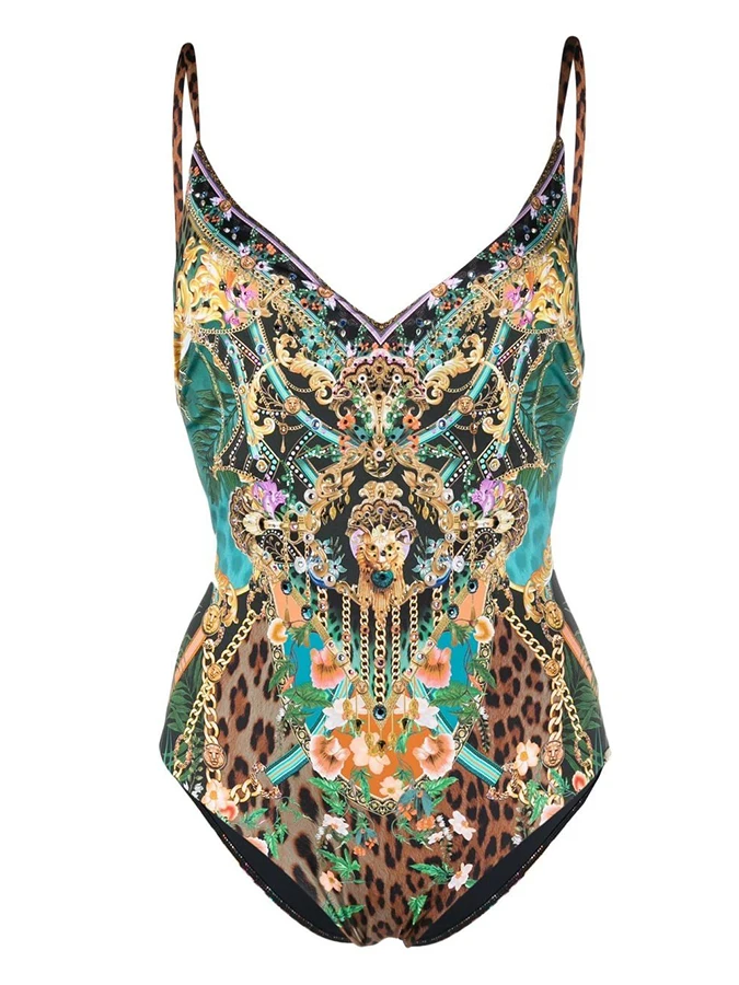 Vintage Floral Leopard Colorblock Print V-Neck Swimsuit Flower Swimwear Cover-up Designer Bathing Suit Summer