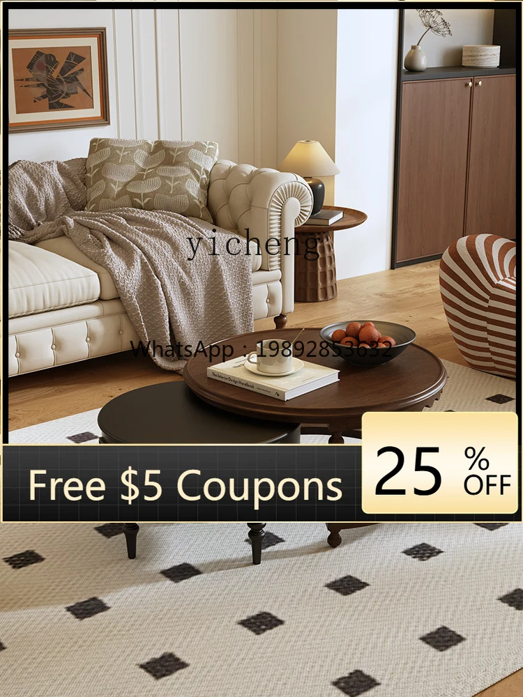 

TQQ medieval round coffee table living room household solid wood small apartment coffee table TV cabinet combination