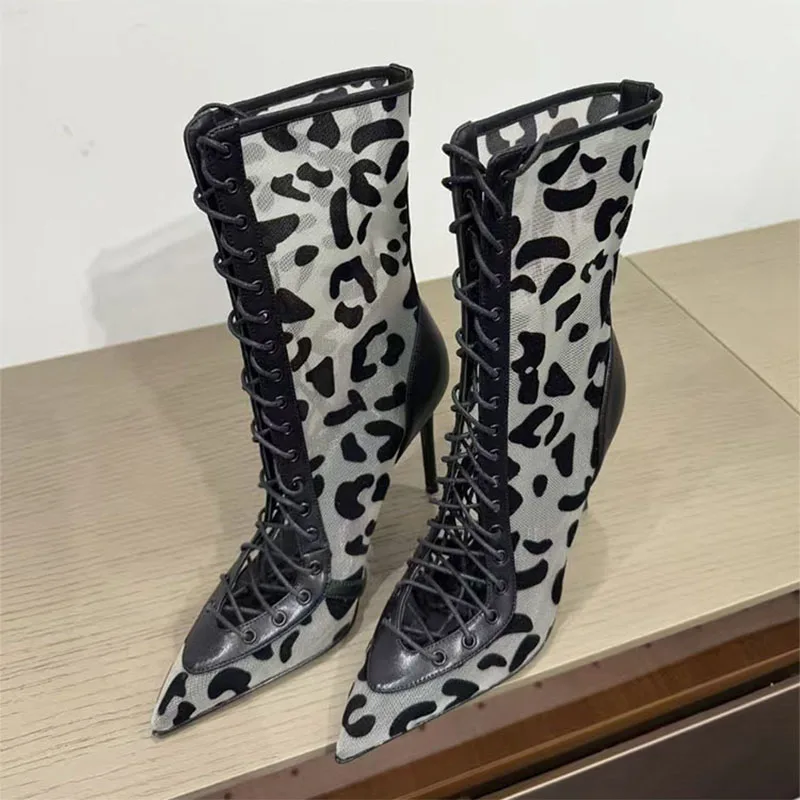 

Sexy High Heels Short Boots Women Mesh Lace Up Runway Shoes Woman Pointed Toe Black Boots Cross Tied Heeled Summer Boots Woman