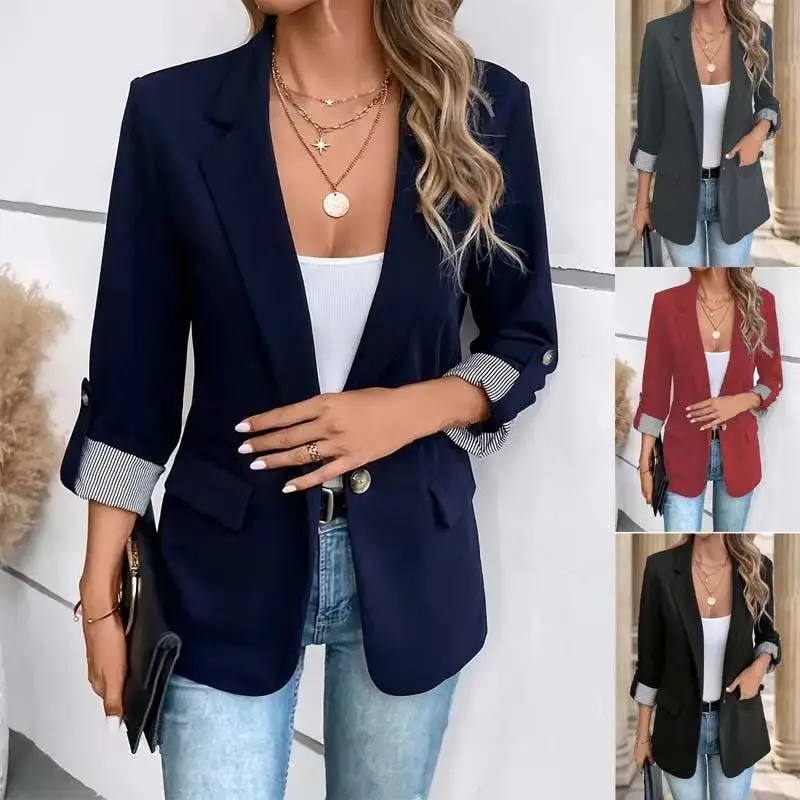 

Blazers Women Cardigan Single Button Blazers Suits Outerwear Solid Turn Down Collar Casual 2025 Summer Pockets Spliced