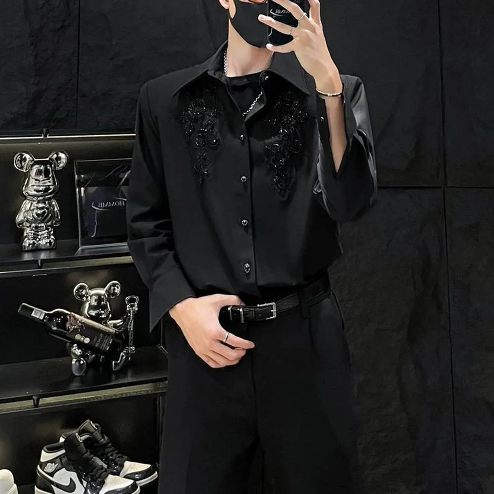 

Осенняя новая мужская рубашка с длинными рукавами и вышивкой блестками, легкая роскошная модная тенденция в стиле ретро, свободные повседневные нишевые мужские топы High Street