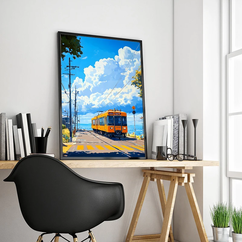 انمي ياباني قطار الترام سحابة شارع المحيط عرض المشهد المشارك يطبع حائط لوح رسم صورة فنية لغرفة ديكور المنزل