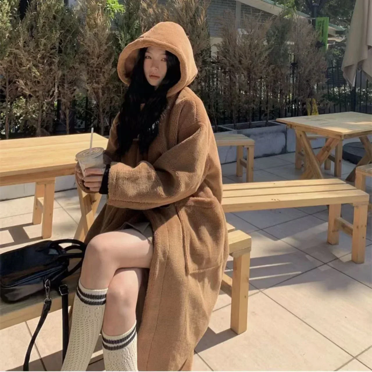 Winter Fluffy Jacket Women Vintage Casual Lamb Wool Long Coat Female Korean Fashion Long Sleeve Horn Button Hooded Plush Outwear