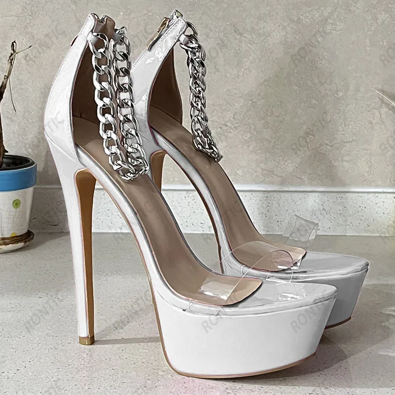 Rontic New Arrival Women Platform Sandals Sexy Chain Stiletto Heels Open Toe Pretty Silver DRESS Shoes US Plus Size 5-20