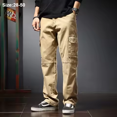 Cargo Pants Men Plus Size 46 48 50 140KG Straight Long Loose Khaki Army Green Safari Cotton Sports Stretched Explorer Trousers