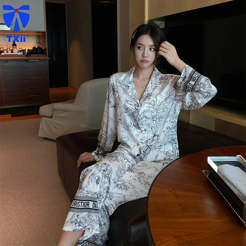 

TXii Newlook Autumn 2024 New Pajamas Women's Ice Silk Long Sleeve Cardigan suit Explosions Printed Home Clothes for Outer Wear