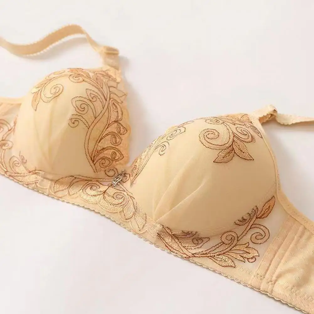 Lady Brassiere  Adjustable Straps Embroidery Print Women Bra Mesh Yarn Stitching Beauty Back Mid-aged Mother Padded Brassiere