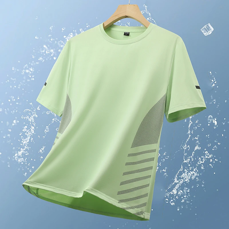 Schnell trocknendes Lauf-T-Shirt, Sommer-Eisseide, dünnes Oberteil, bedruckt, kurzärmelig, atmungsaktiv, für den Außenbereich, Rundhalsausschnitt, Fitness-Sport-T-Shirt