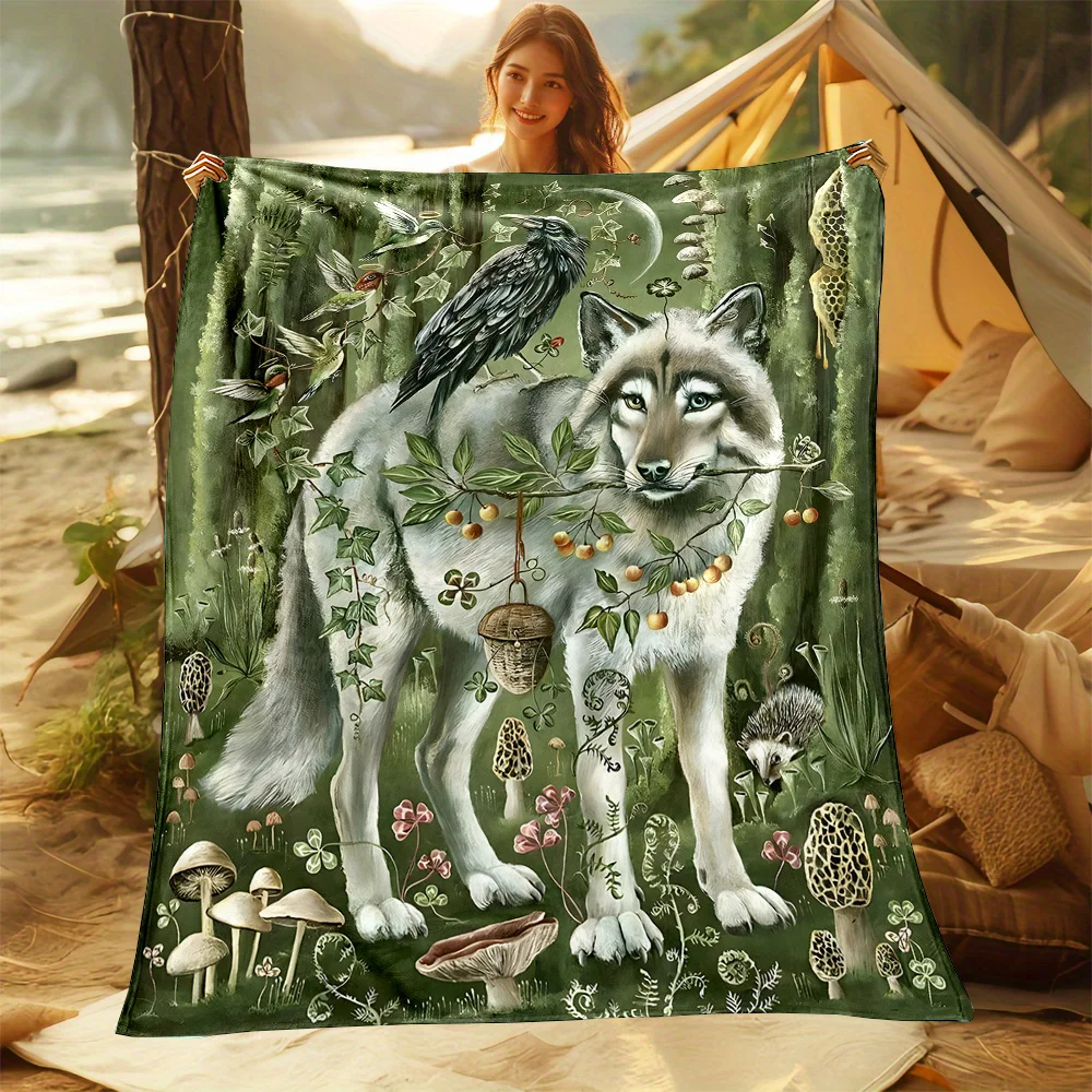 [Cozy Wolf & Crow Print Blanket] Soft Reversible Cozy Wolf & Crow Print Flannel Throw Blanket - All-Season Comfort for Bed, Sofa