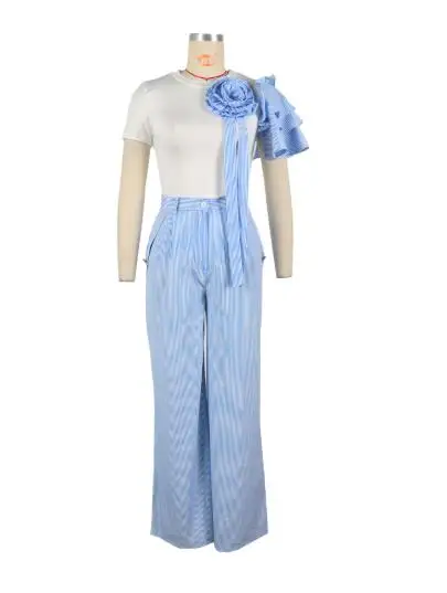 

Women's Two-Piece Set Round Neck Short Sleeved Striped Contrasting Wide Leg Pants Two-Piece Set Fashionable Retro Casual Set