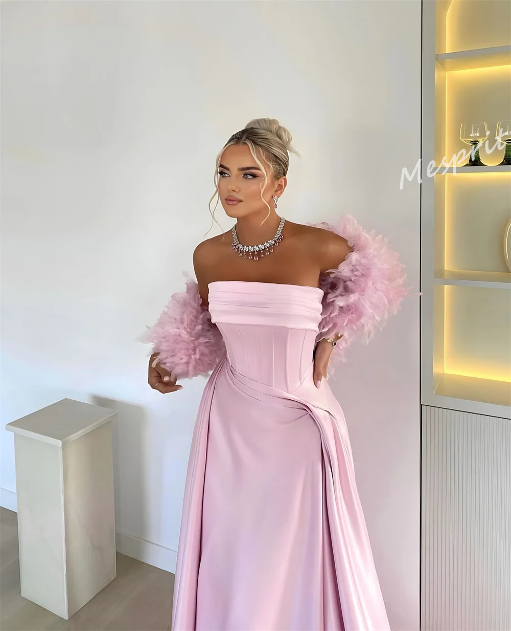 Sparkle Exquisite  Customized Jersey Draped Pleat Feather Evening A-line Off-the-shoulder Bespoke Occasion Gown Long Dresses