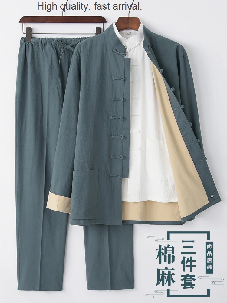 New Tang Autumn Costume Men's Youth Long-Sleeve Suit Middle-Aged and Elderly Linen Coat Three-Piece Suit Chinese Style Chinese