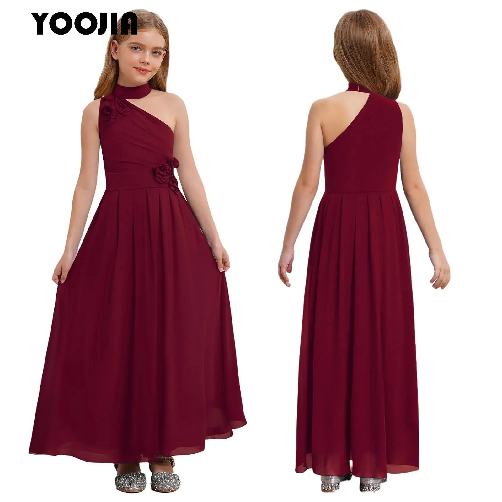 

Girls A-Line Halter Dress Elegant Summer Flowy Chiffon Maxi Dresses Oblique Shoulder Sleeveless Cut-out Dress for Wedding Party