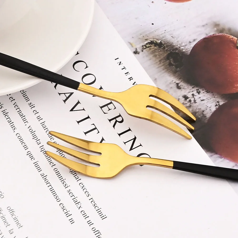 6Pcs Stainless Steel Tea Forks Black Gold Cake Fork Snack Salad Coffee Fruit Fork Mirror Cutlery Tableware Set Kitchen Utensils