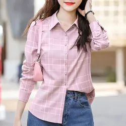 Women's New Style Fashion Simplicity Plaid Polo Collar Long Sleeve Shirts Women Clothes Casual All-match Elegant Temperament Top