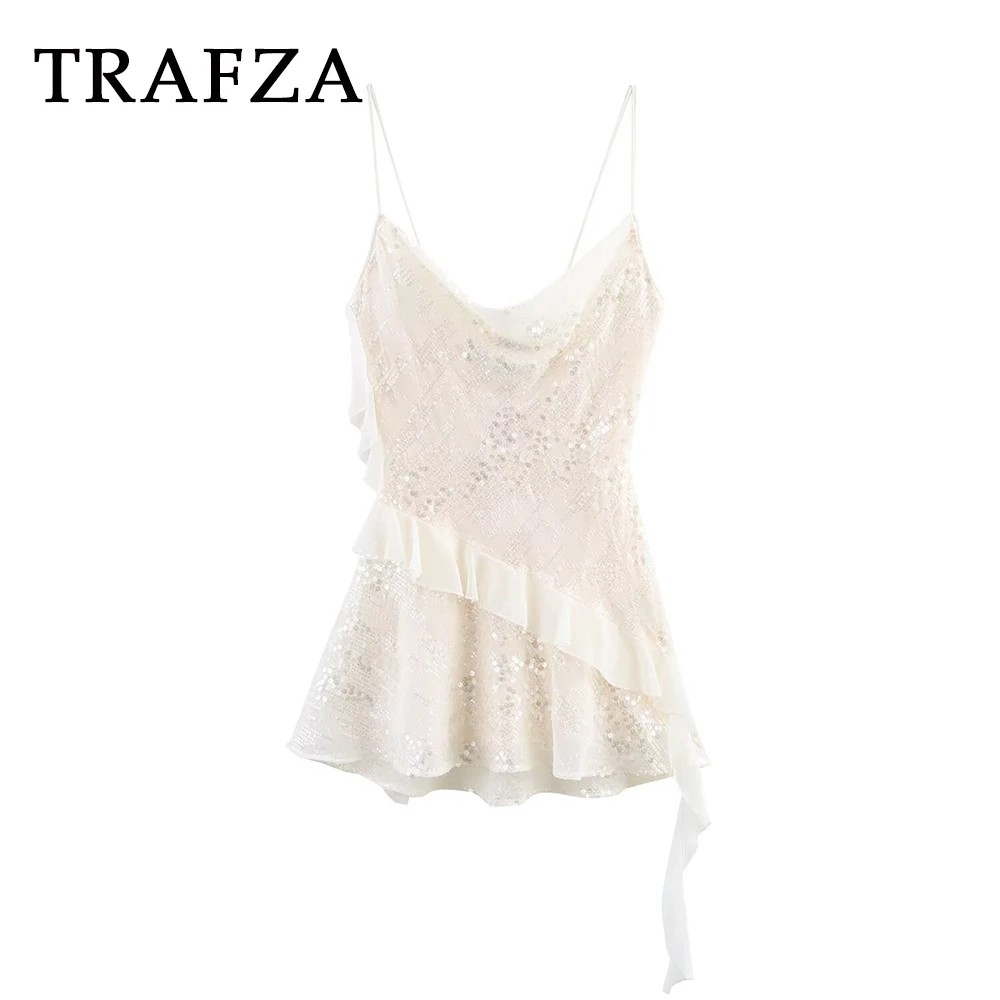 

TRAFZA Chic Pleated Short Dress Beaded Layered Sexy Asymmetrical Women's Fashion Party Mini Dress 2025 Summer Birthday Vestidos