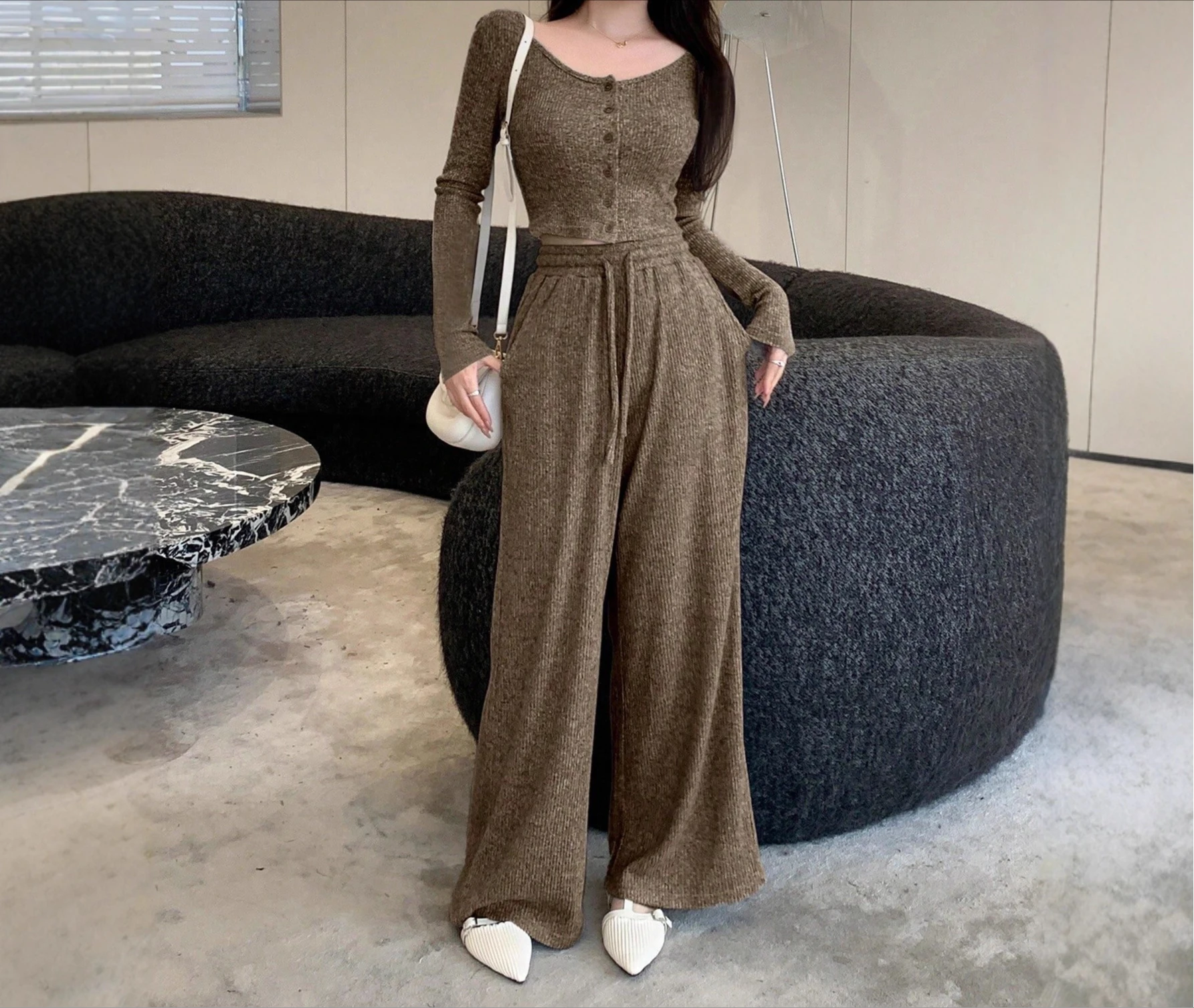 

2025 Wide Leg Pants Women's Autumn and Winter Straight Leg High Waist Hanging Drawstring Casual Set