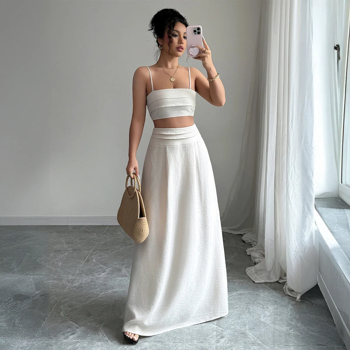 

2025 Fashion Summer Women's Suit Beige Elegant Short Suspender Tube Top + Long Skirt 2-piece Set Holiday Casual Beach Outfits