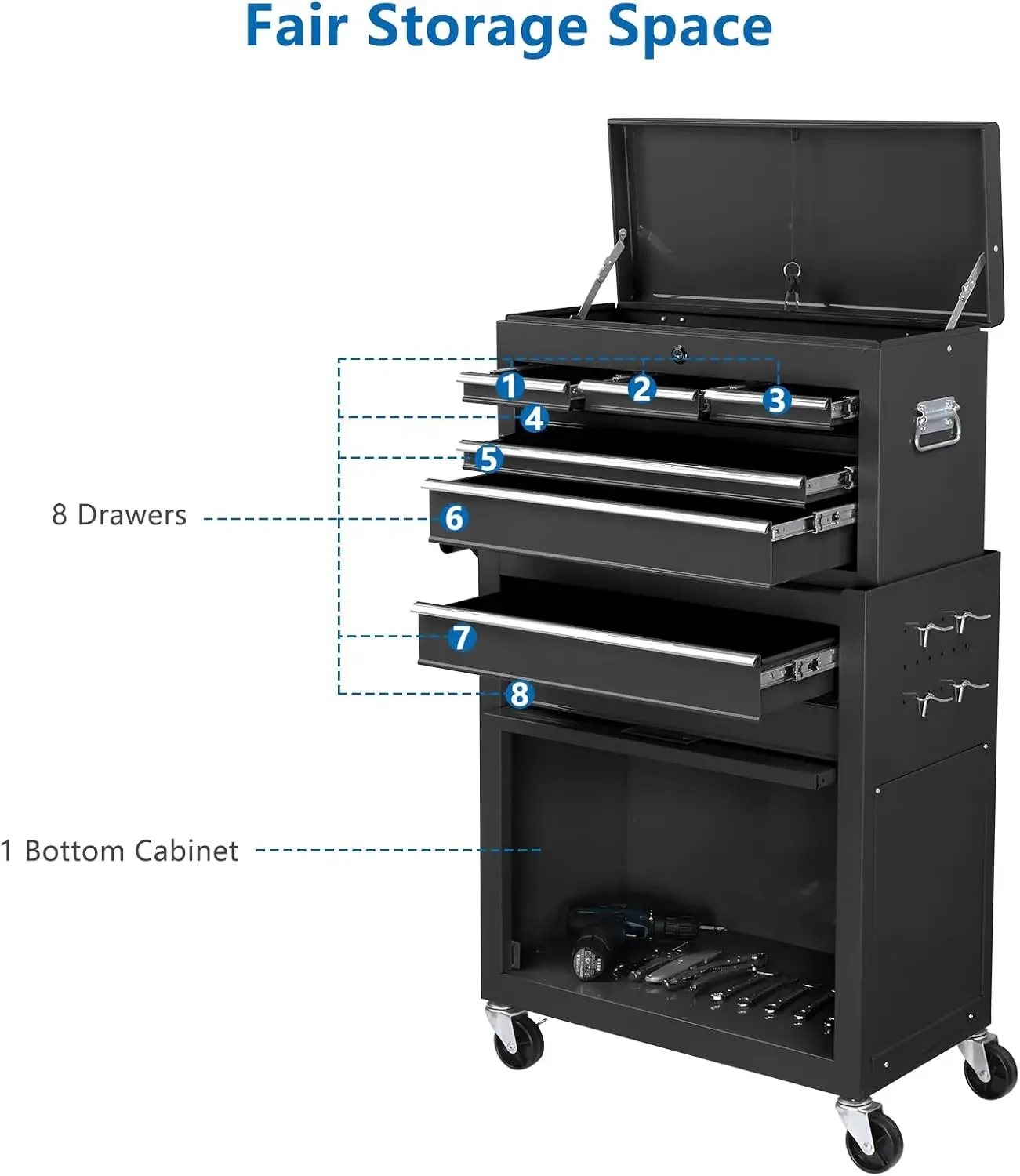 Cassettiera per attrezzi con serratura e chiave, armadietto porta attrezzi con ruote, piano rimovibile, cassetti e rivestimenti per cassetti,