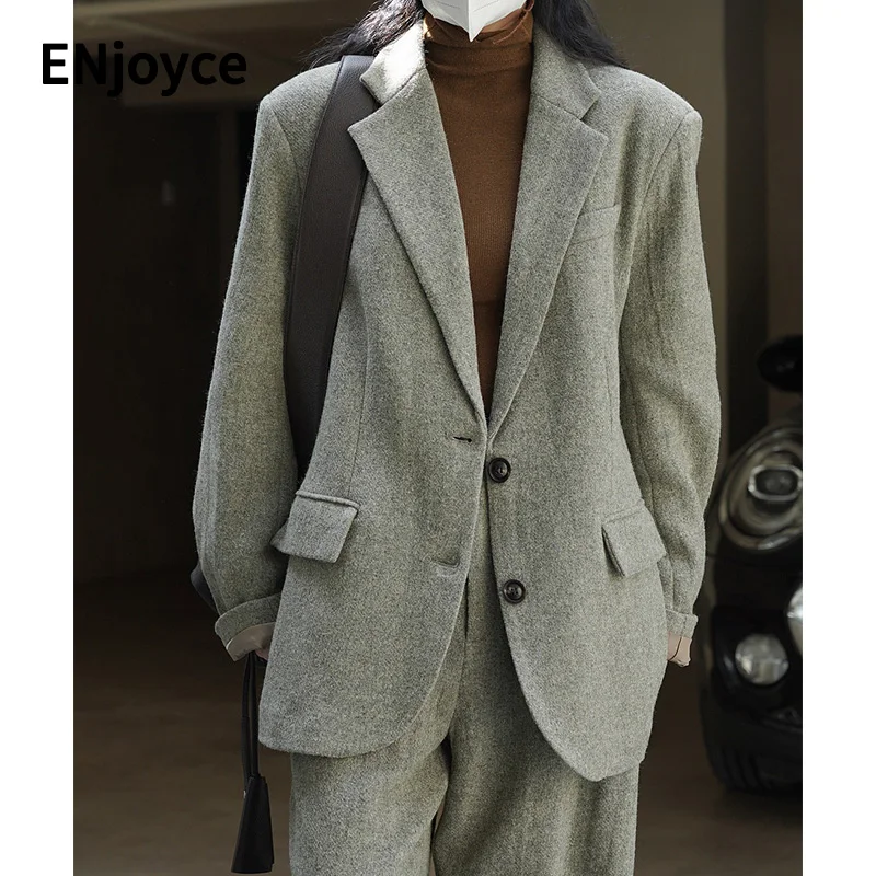 

ENjoyce Women New Simple Full Wool Suit Retro Mixed Color Wide Shoulder Loose Blazer Work Wear Coats Autumn Winter