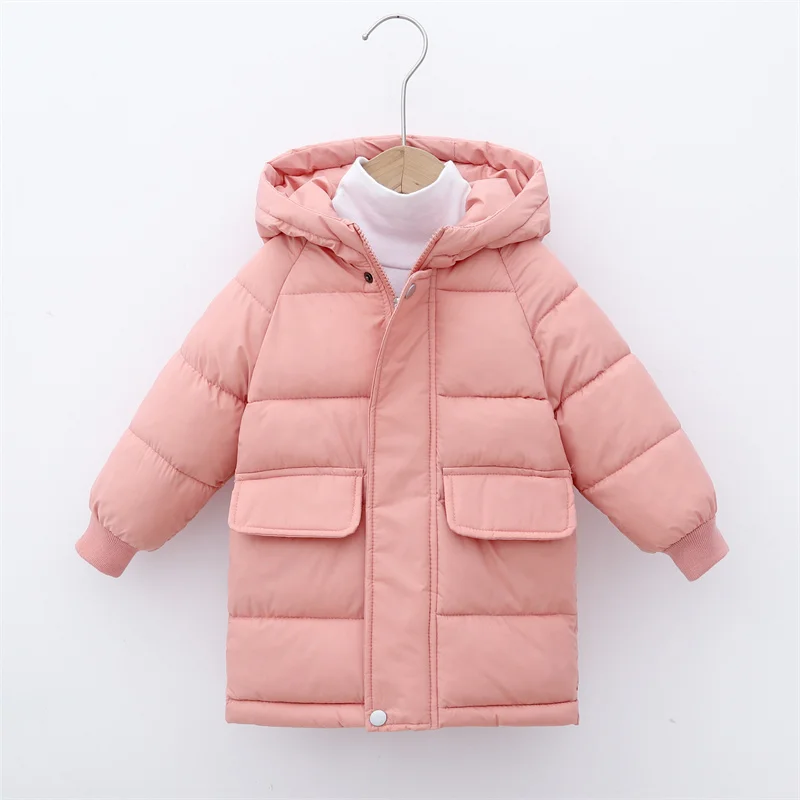 2024 New Kids Solid Colour Coat Boys Thickened Warm Hooded Cotton Jacket Girls Cute Zip Casual Mid-Length Trousers Outerwear