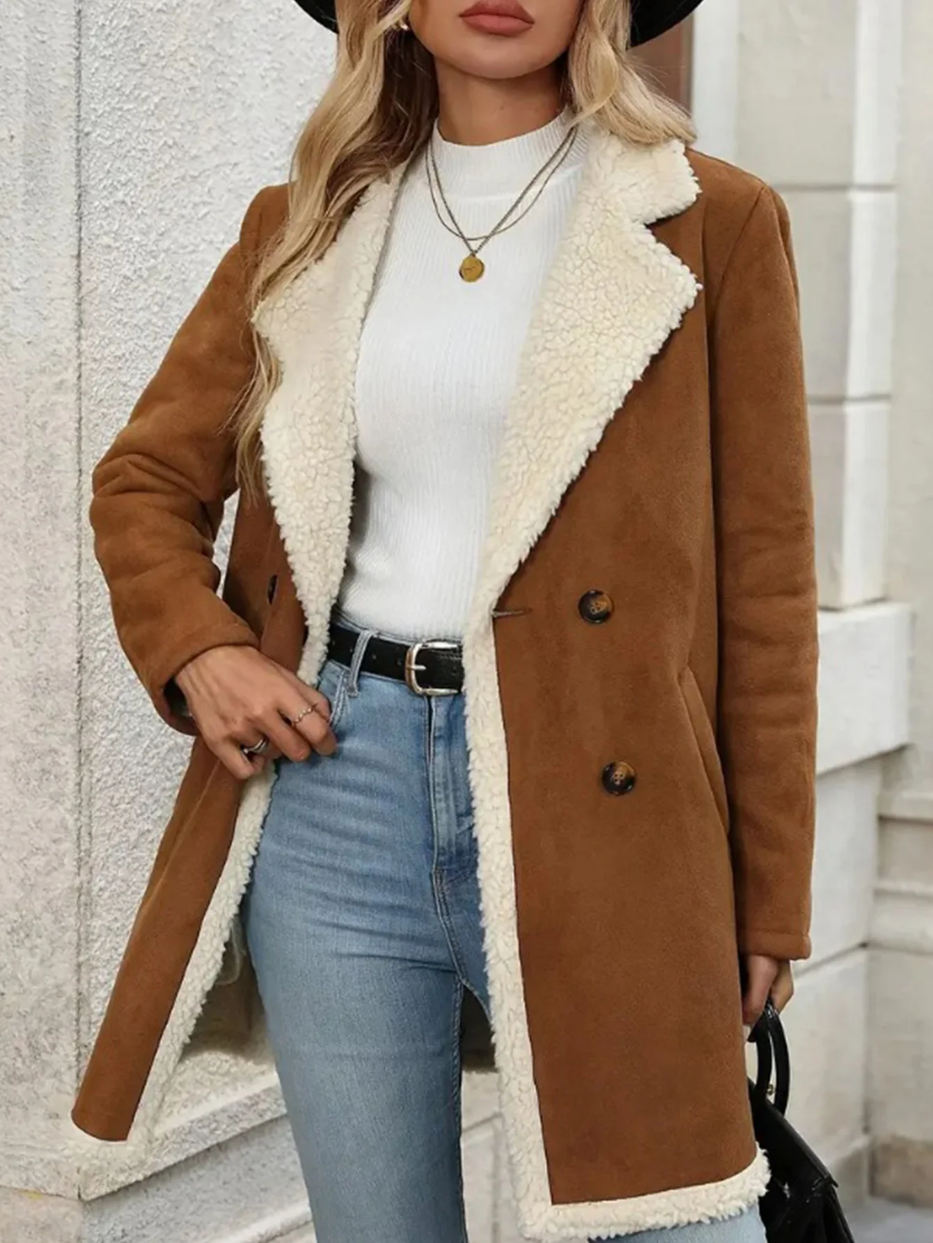 معطف من جلد الغزال مبطن بالصوف الدافئ للنساء لخريف وشتاء نمط جديد ملابس خارجية صوفية متوسطة الطول للنساء #6