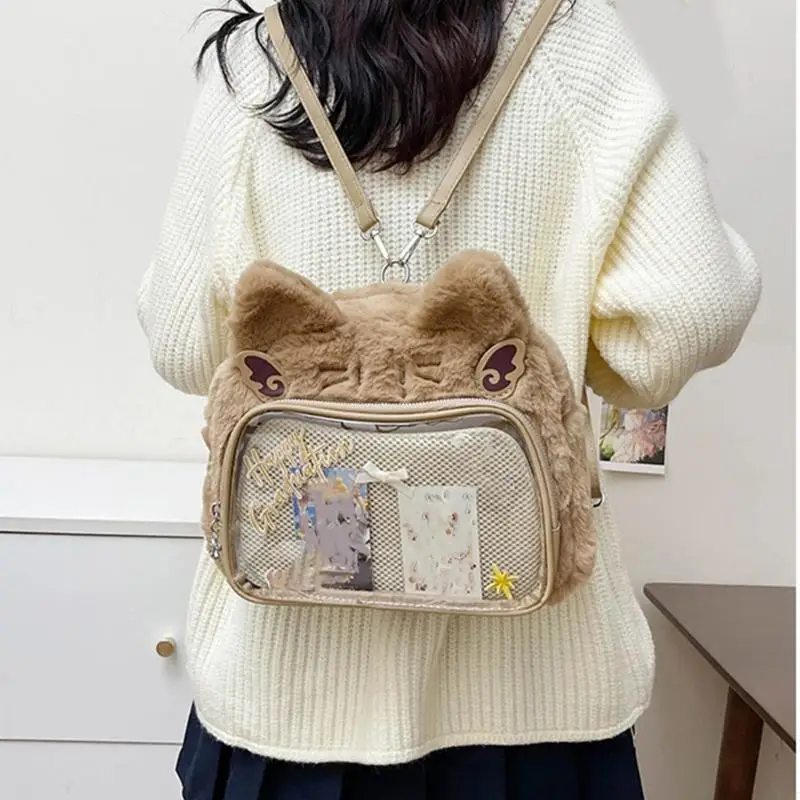 2025 Nuova borsa a tracolla morbida in peluche con display trasparente frontale per spille anime convertibili in zaino con