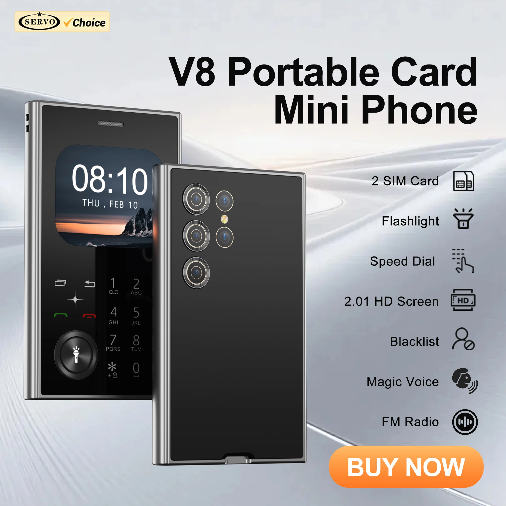 SERVO V8 Mini Card Mobile Phone 2G GSM Magic Voice Speed Dial FM Radio Rear Camera Torch Button Small Cellphone Dual SIM Standby