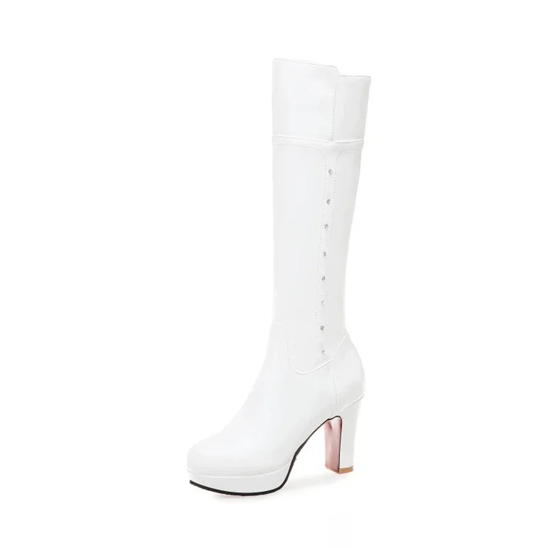 بوتاس دي موهير حذاء برقبة للركبة النساء الخريف الشتاء عالية الكعب أسود أبيض جلدية فستان الحفلات مكتب منصة طويلة الأحذية 526-4