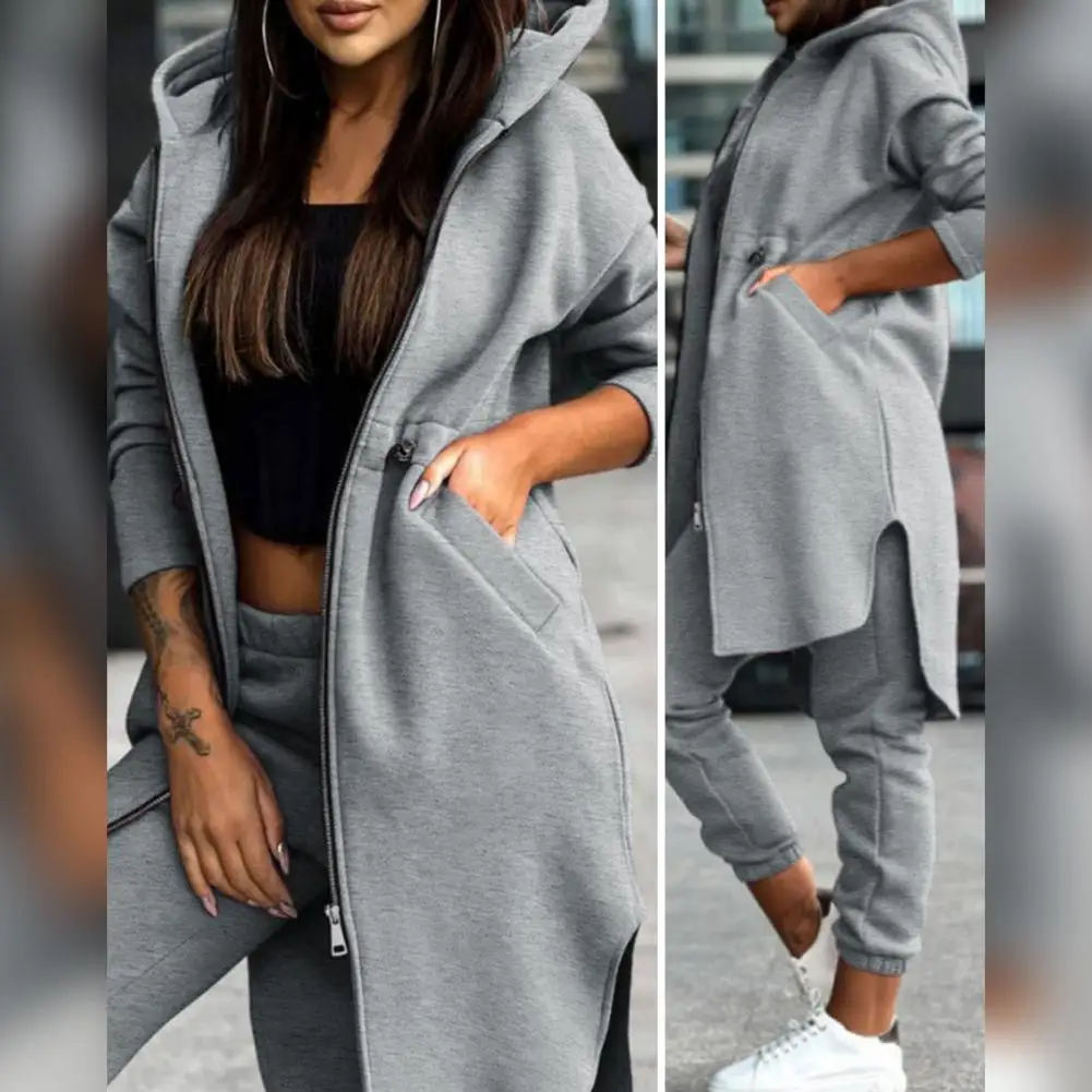 Women Loose Tracksuit Women\'s Hooded Coat Pants Set with Irregular Split Hem Long Sleeve Fleece Tracksuit Elastic Waist