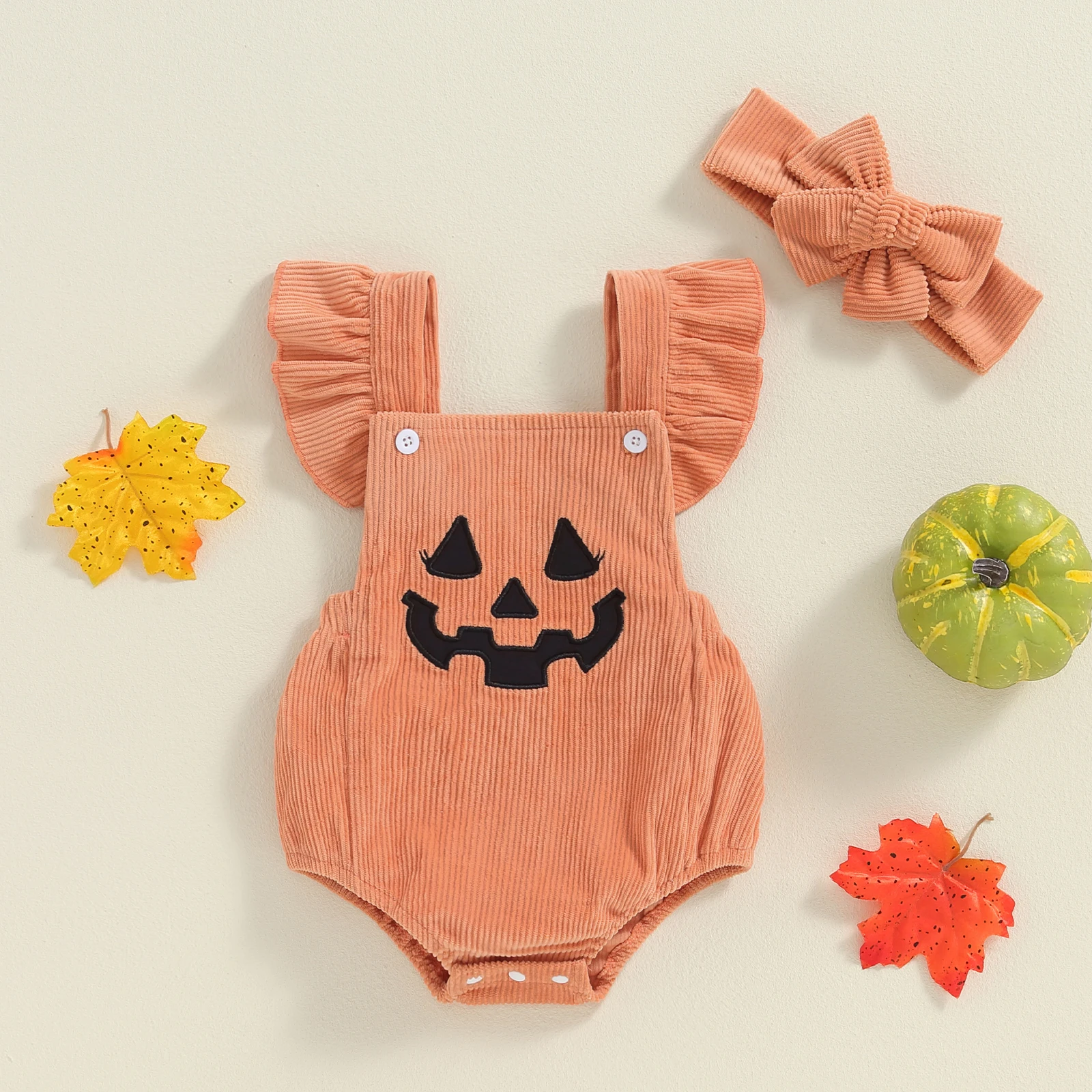 2 Piece Baby Halloween Corduroy Bodysuit Set Fall Witch Pumpkin Embroidered Ruffled Square Neck Overalls Romper Headband Outfits