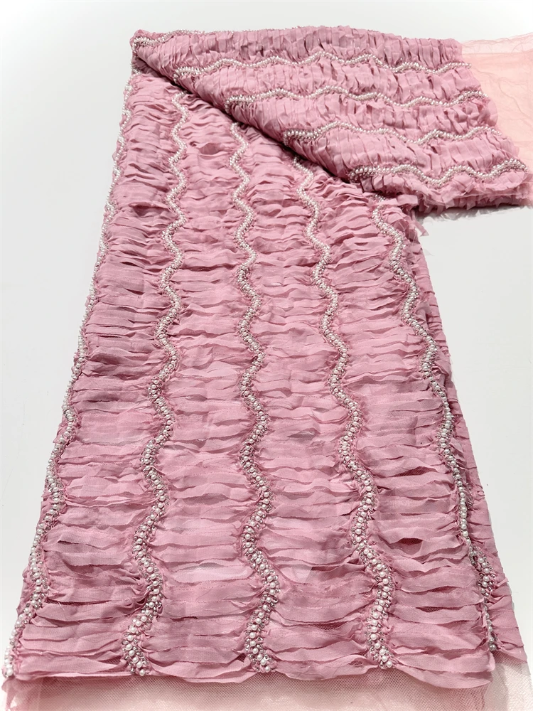 新デザインのアフリカのスパンコールレース生地2025高品質3Dフランスビーズレース生地ナイジェリアの花嫁のためのウェディングパーティードレス