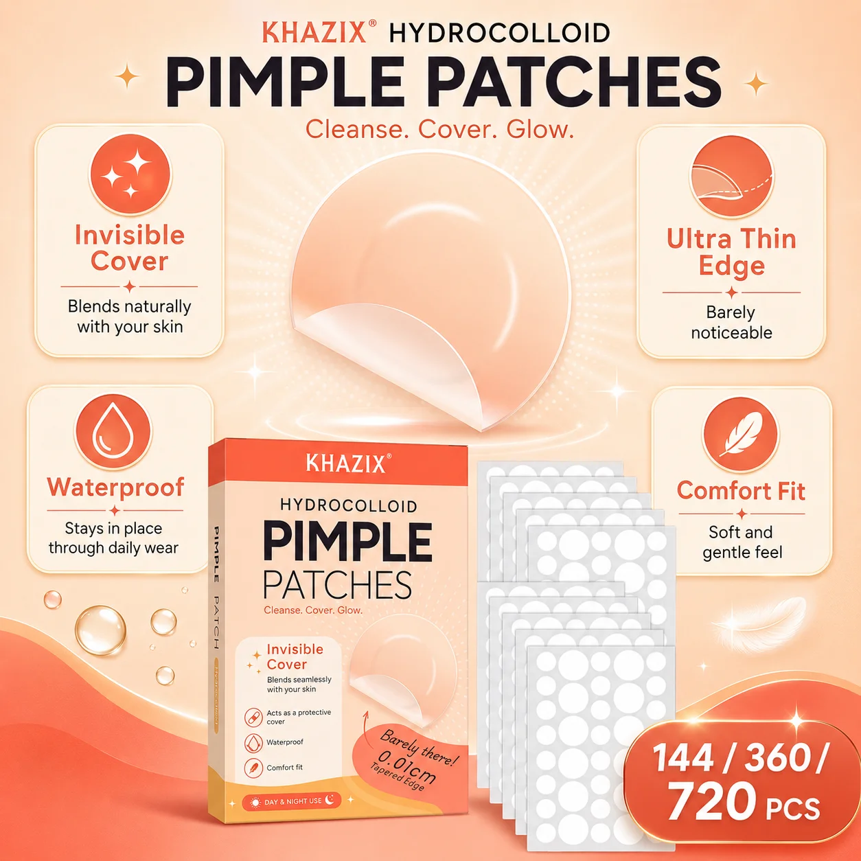 144/360/720Pcs Invisible Hydrocolloid Facial Patches, Assorted Sizes, Breathable Waterproof Clear Skin Stickers, Daily Use