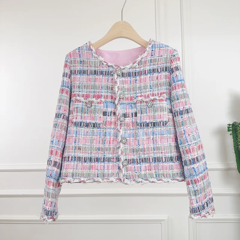 

Small Fragrance High-quality Luxury Jacket Women Fashion Sweet Tweed Round Neck Diamond Buckle French Office Lady Coat