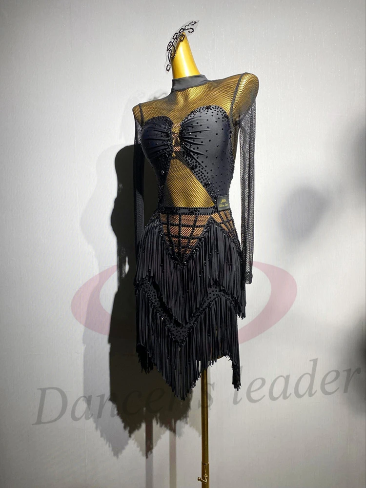 라틴 댄스 AB 스톤 여성 성인 어린이 고급 맞춤형 블랙 메쉬 스플라이싱 블랙 풀 삼바 공연 드레스